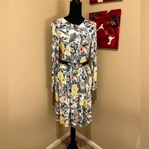 ModCloth Rose floral long sleeve flare dress (no belt), size Medium